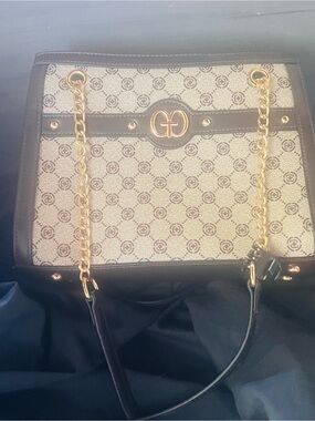 Brown & Cream Chain-Handle Tote Bag with Gold Hardware